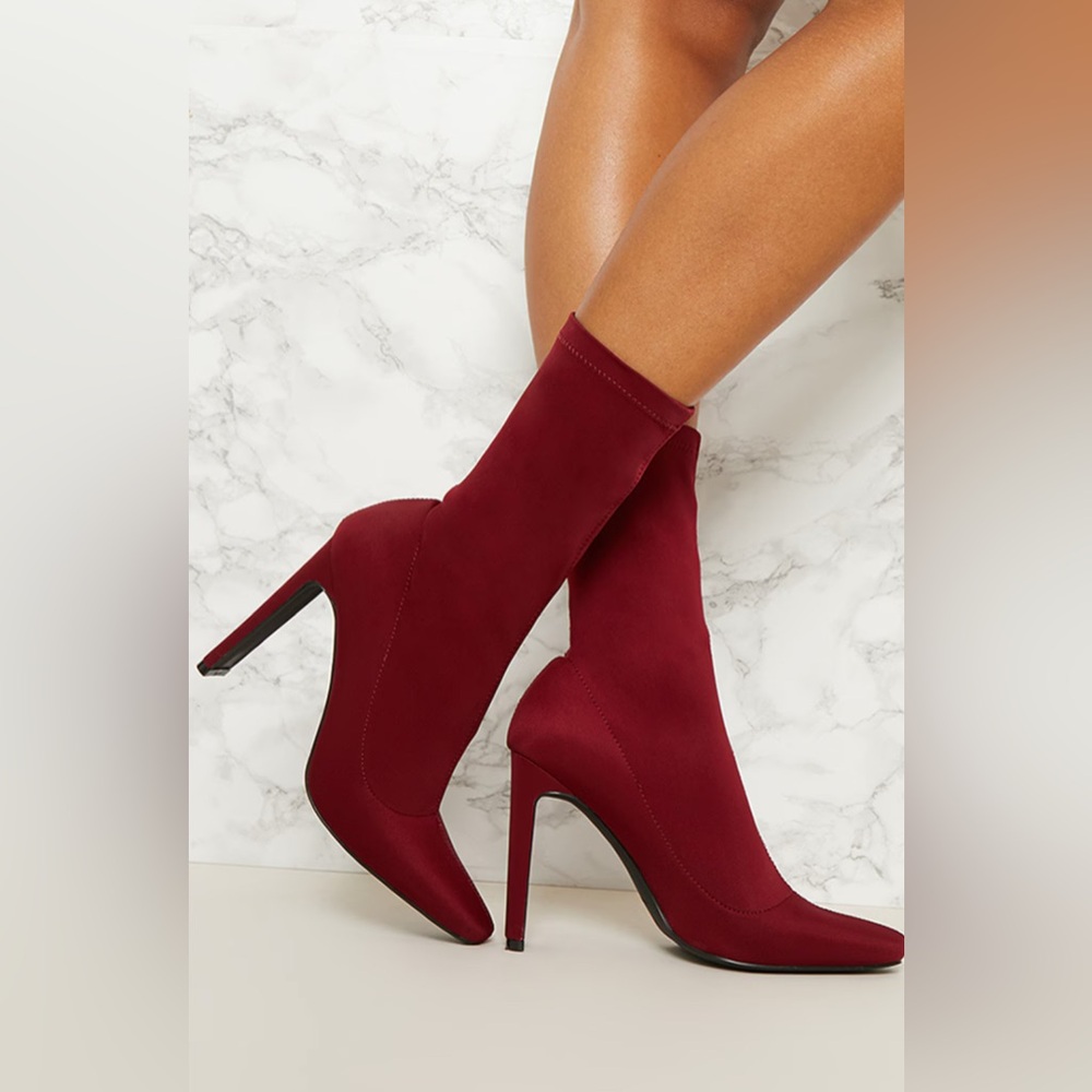 Pretty Little Thing - Burgundy Lycra Heeled Sock Boot | Size 9